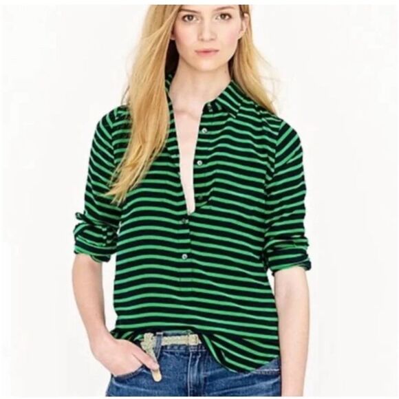 J. Crew Tops - J. Crew Silk Polly Popover in Stripe Crepe de Chine Kelly Green & Blue Size 2